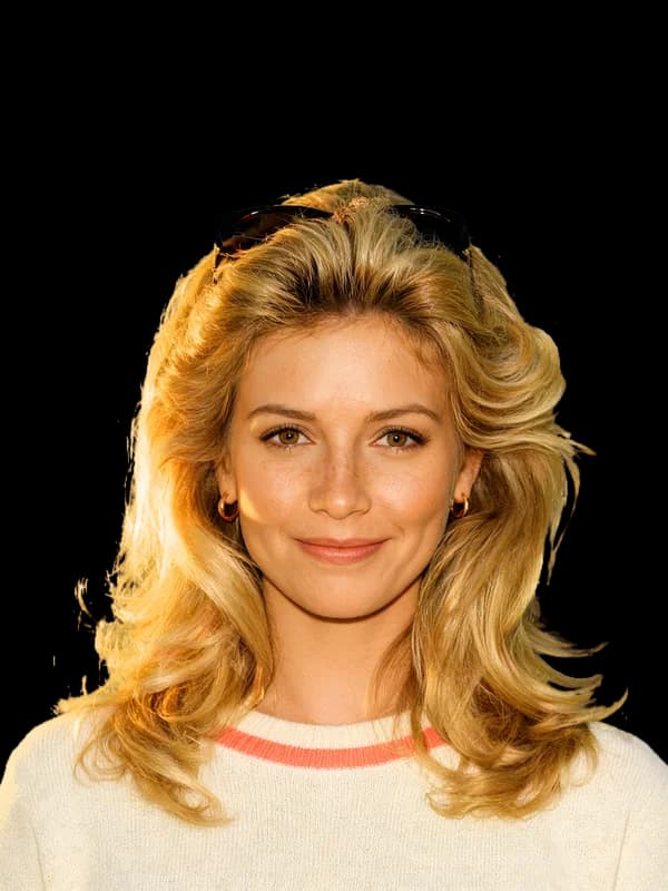 Ingrid: big wavy blonde hair, sunglasses pushed up, a cream jumper
